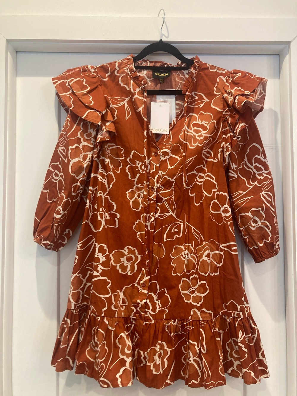 Sugarlips Rust Orange Floral Print Top with White Accents - Picture 6 of 9